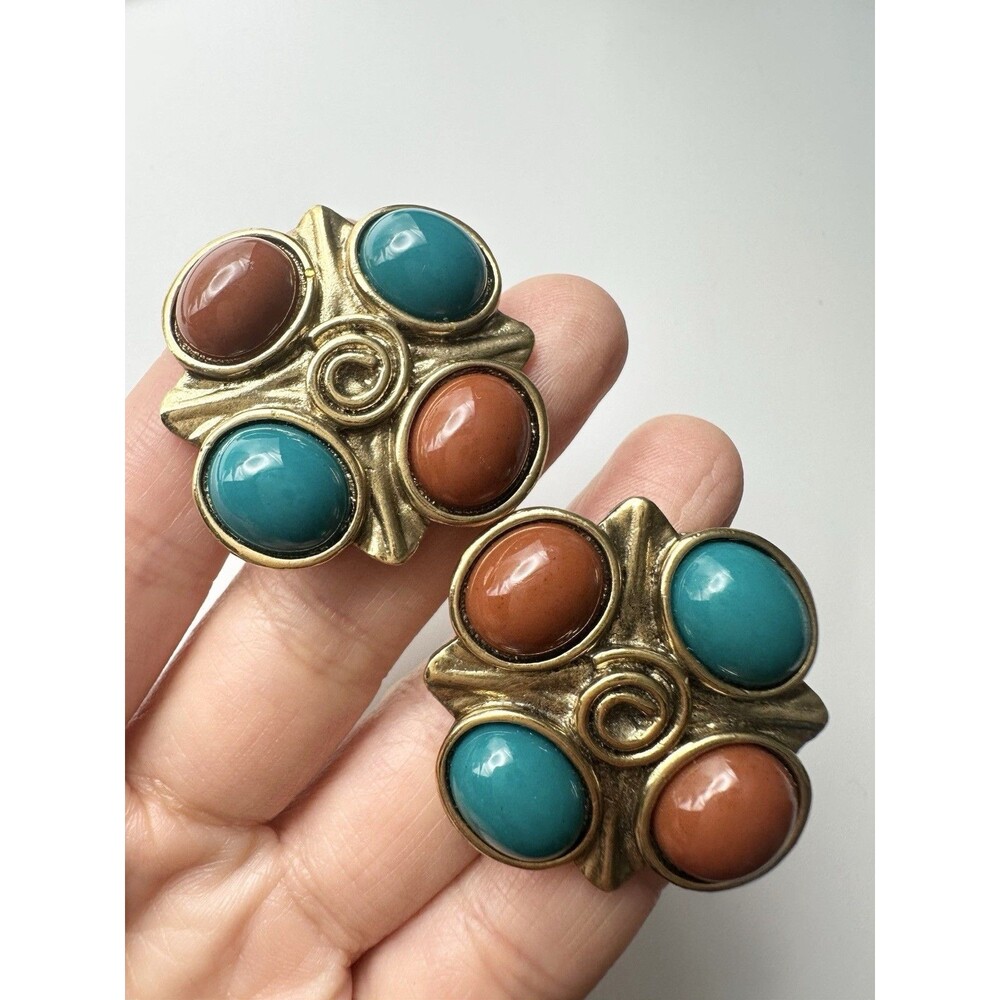 Vintage 1928 Brown Teal Cabochon Earrings Clip On Gold Tone